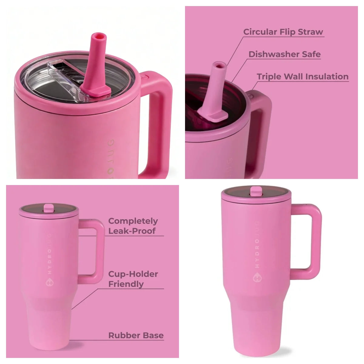 HYD Traveler - 40 oz Water Bottle with Handle & Flip Straw - Fits in Cup Holder, Leak Resistant Tumbler-Reusable Insulated Stainless Steel & Rubber Base - Gifts for Women & Men