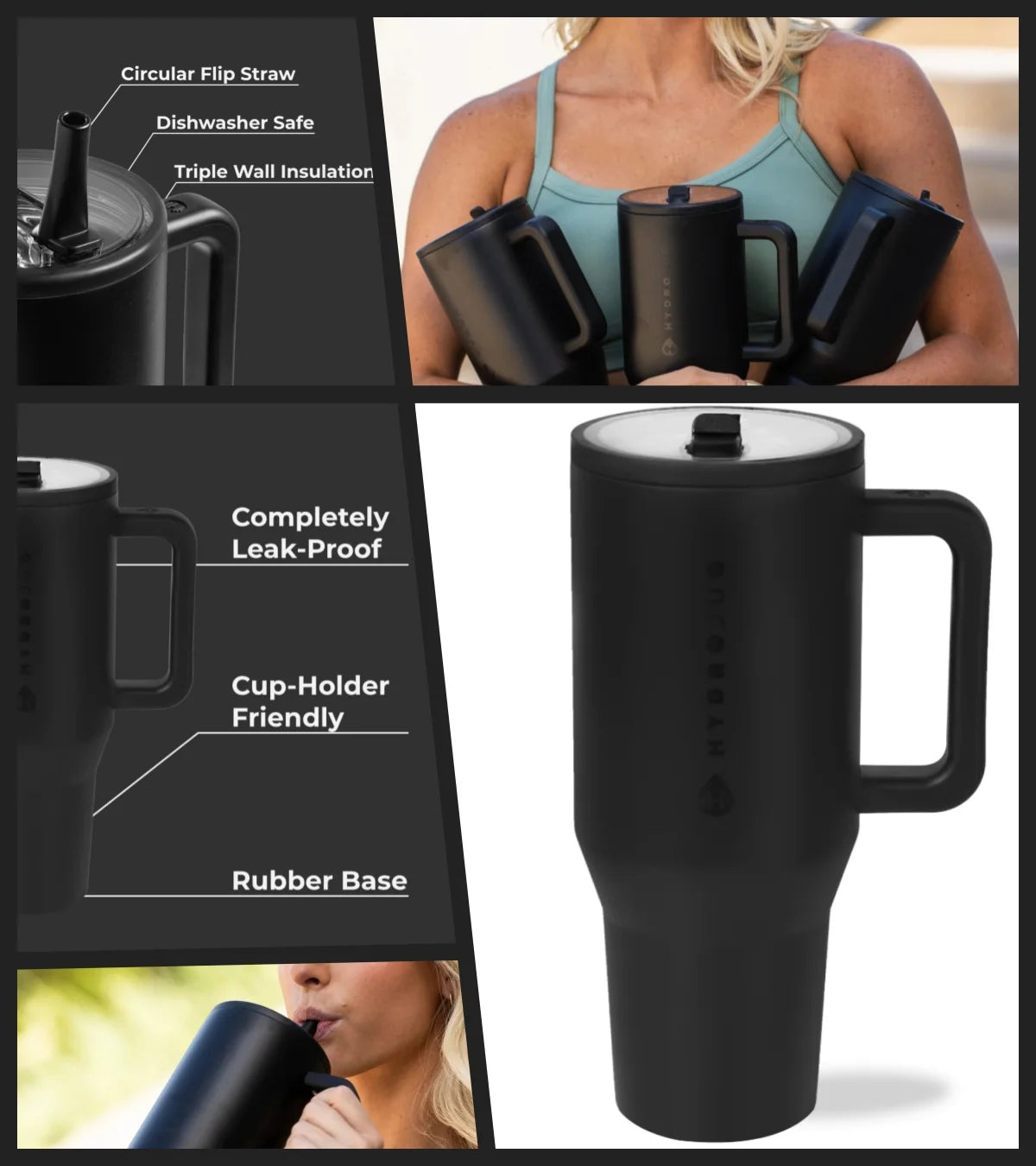 HYD Traveler - 40 oz Water Bottle with Handle & Flip Straw - Fits in Cup Holder, Leak Resistant Tumbler-Reusable Insulated Stainless Steel & Rubber Base - Gifts for Women & Men