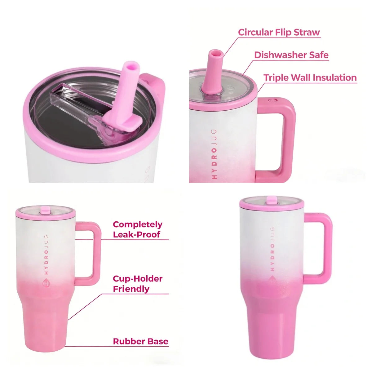 HYD Traveler - 40 oz Water Bottle with Handle & Flip Straw - Fits in Cup Holder, Leak Resistant Tumbler-Reusable Insulated Stainless Steel & Rubber Base - Gifts for Women & Men
