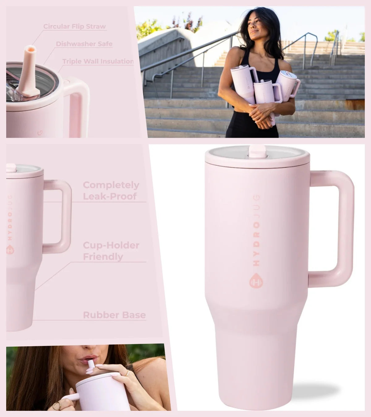 HYD Traveler - 40 oz Water Bottle with Handle & Flip Straw - Fits in Cup Holder, Leak Resistant Tumbler-Reusable Insulated Stainless Steel & Rubber Base - Gifts for Women & Men