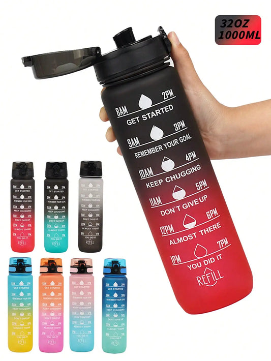 1000ml Outdoor Sports Camping Water Cup, Large Capacity Portable Cute Water Bottle For Women Office, Gradient Color, Plastic Drinkware With Scale, Fragile Handle With Care