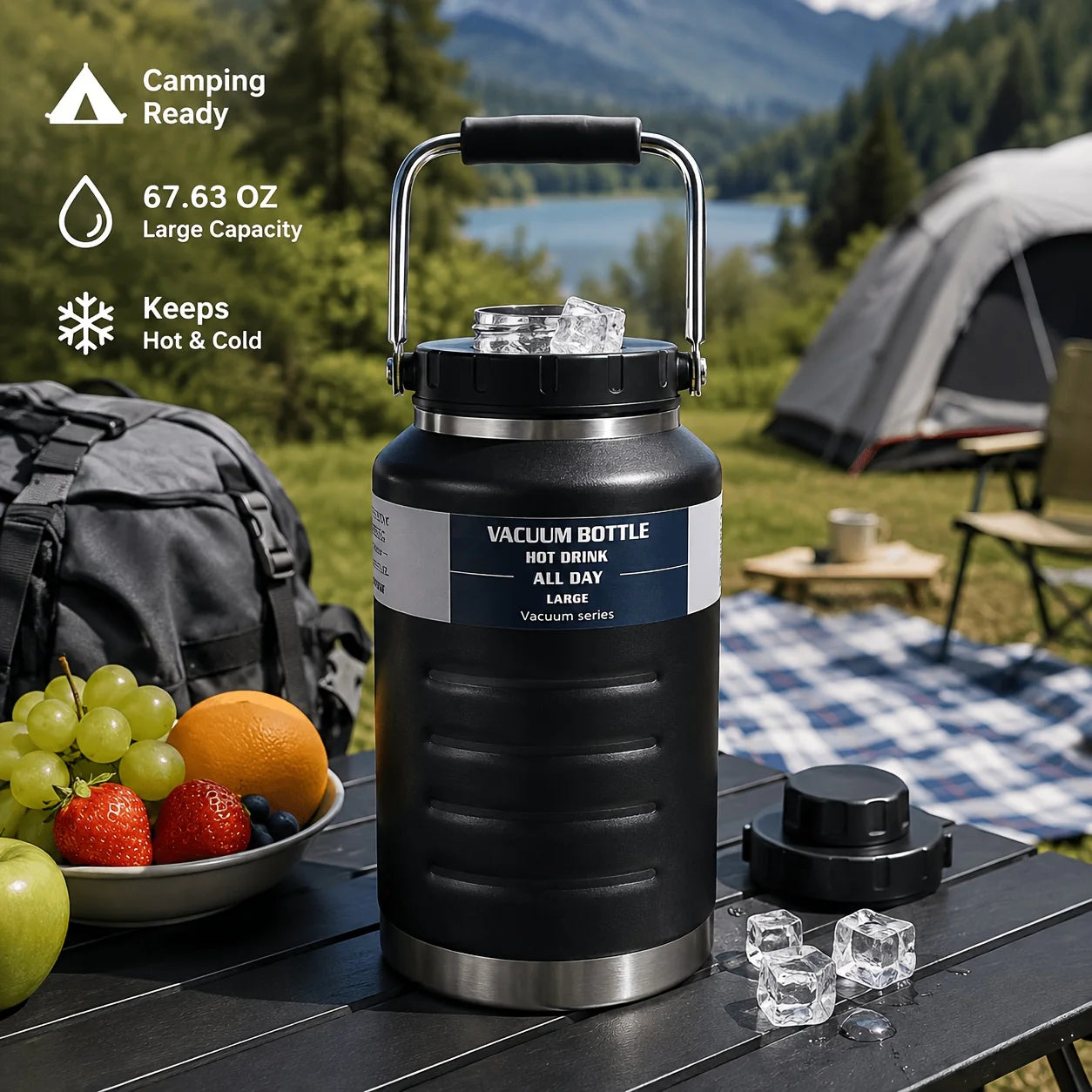 68oz Vacuum Insulated Water Bottle With Magnetic Lid - 304 Stainless Steel Half Gallon Water Jug - Double Wall No-Sweat Sports Flask For Camping, Hiking & Gym - Keeps Cold & Hot - Durable Leakproof Metal Canteen