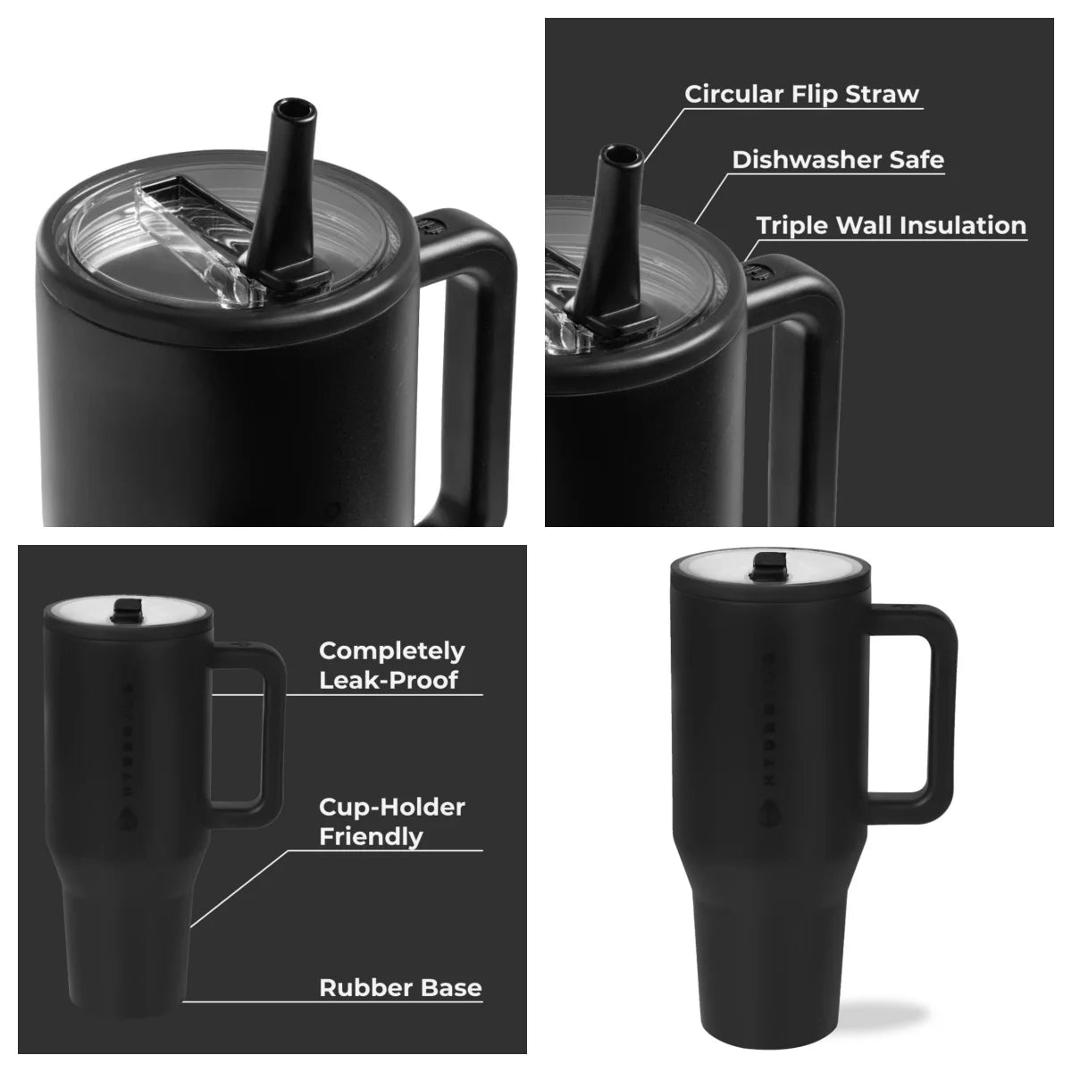 HYD Traveler - 40 oz Water Bottle with Handle & Flip Straw - Fits in Cup Holder, Leak Resistant Tumbler-Reusable Insulated Stainless Steel & Rubber Base - Gifts for Women & Men