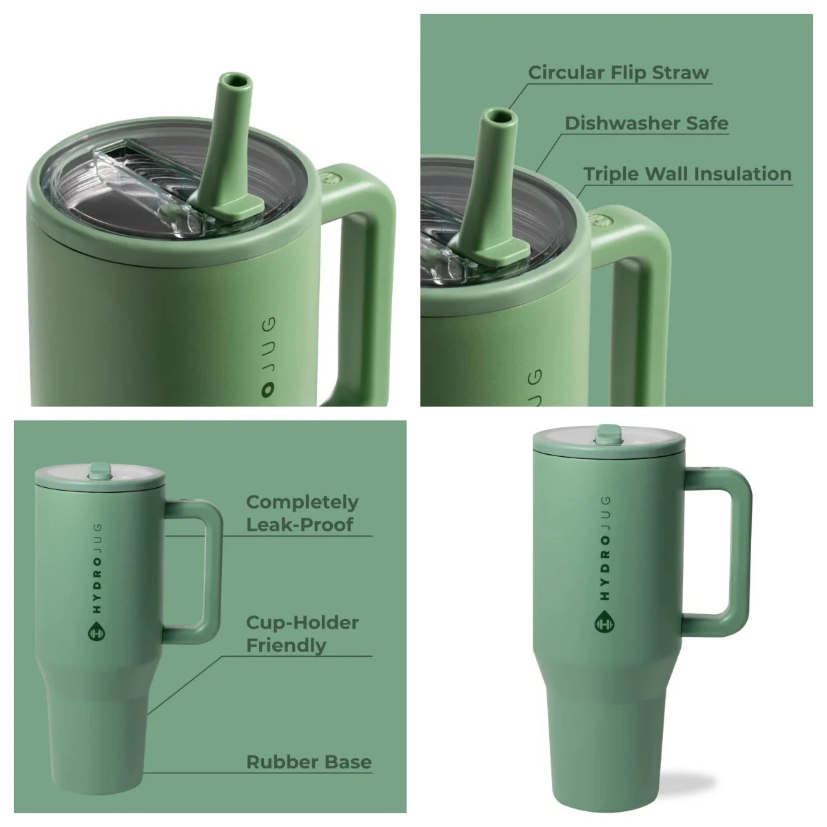 HYD Traveler - 40 oz Water Bottle with Handle & Flip Straw - Fits in Cup Holder, Leak Resistant Tumbler-Reusable Insulated Stainless Steel & Rubber Base - Gifts for Women & Men