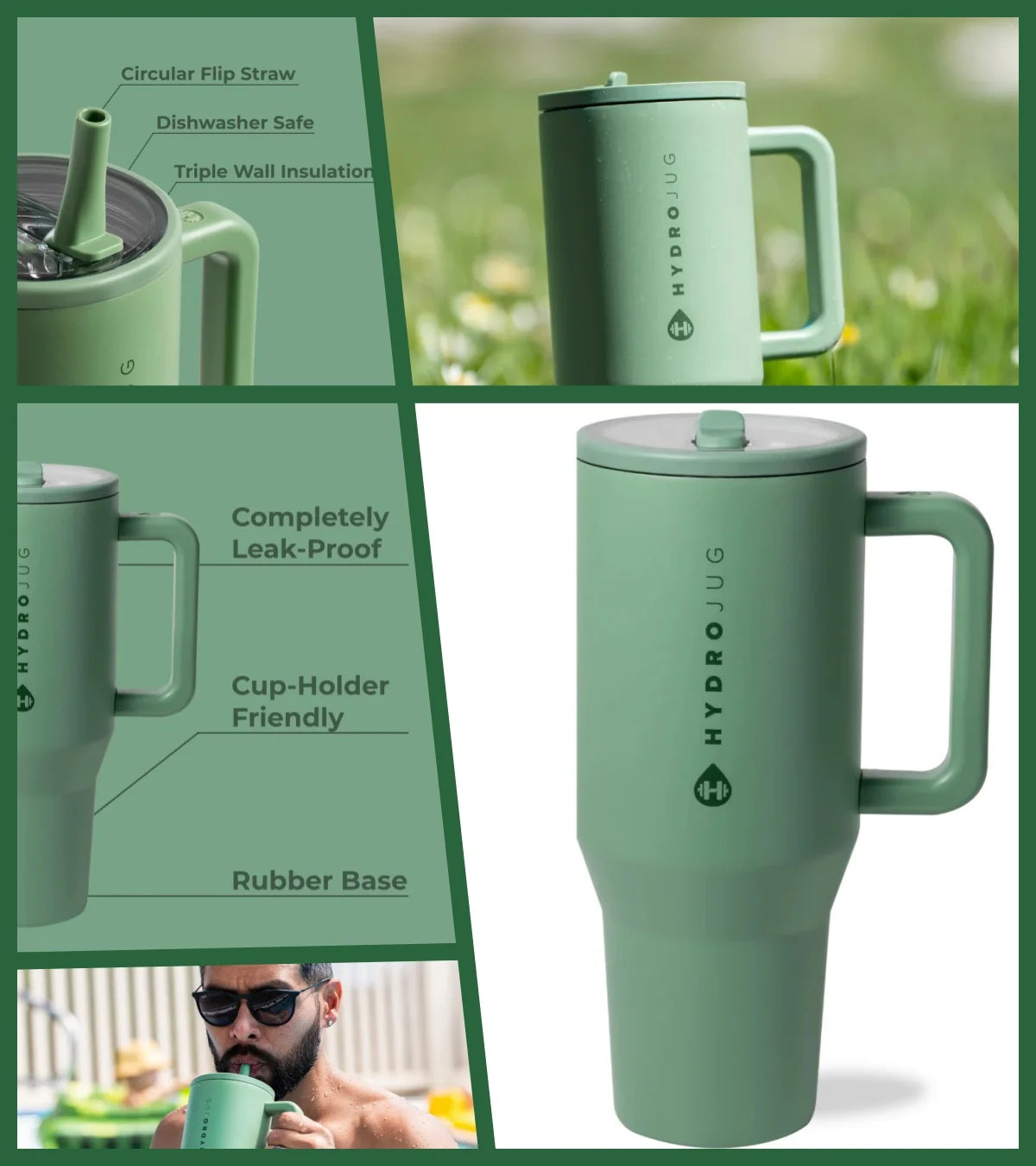HYD Traveler - 40 oz Water Bottle with Handle & Flip Straw - Fits in Cup Holder, Leak Resistant Tumbler-Reusable Insulated Stainless Steel & Rubber Base - Gifts for Women & Men