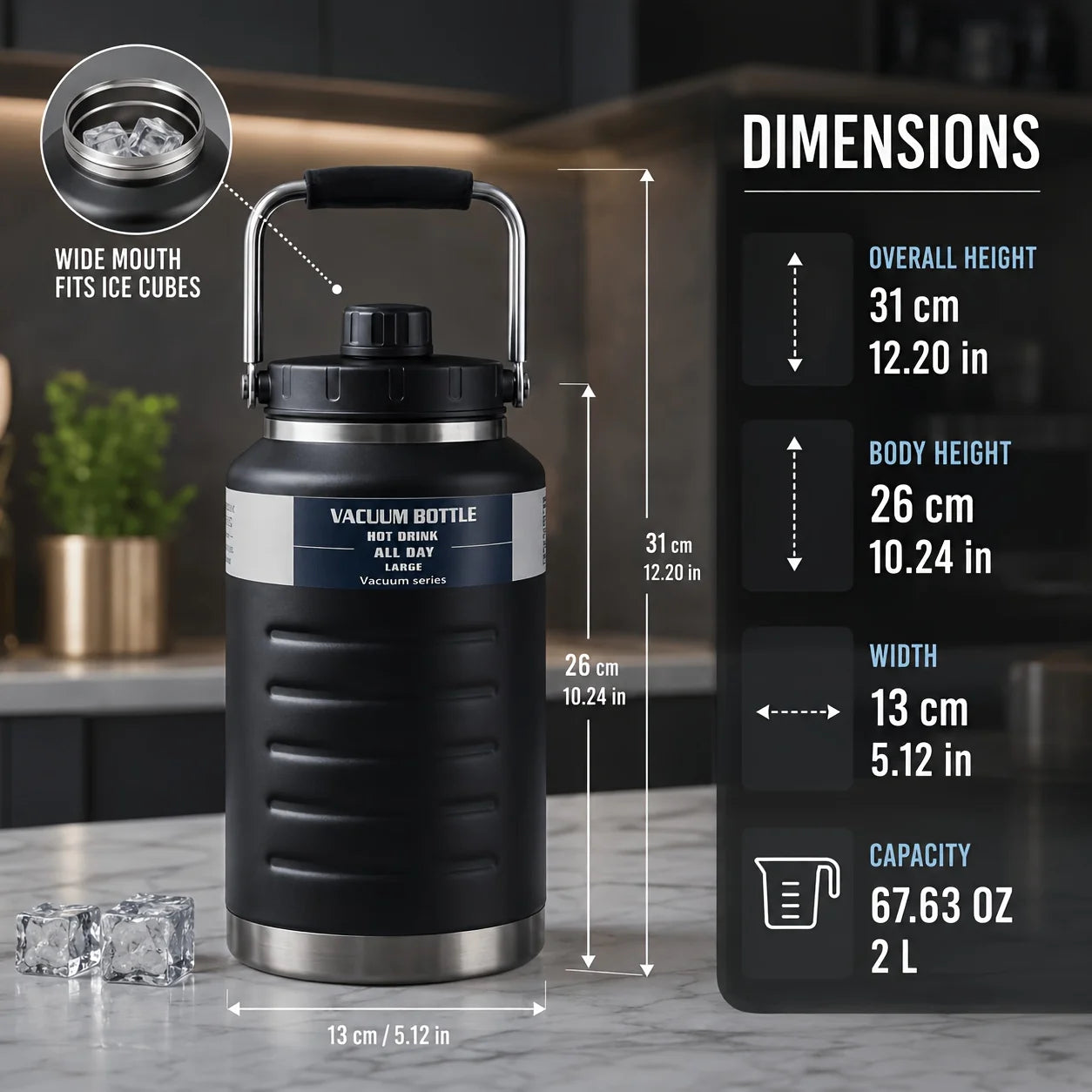68oz Vacuum Insulated Water Bottle With Magnetic Lid - 304 Stainless Steel Half Gallon Water Jug - Double Wall No-Sweat Sports Flask For Camping, Hiking & Gym - Keeps Cold & Hot - Durable Leakproof Metal Canteen