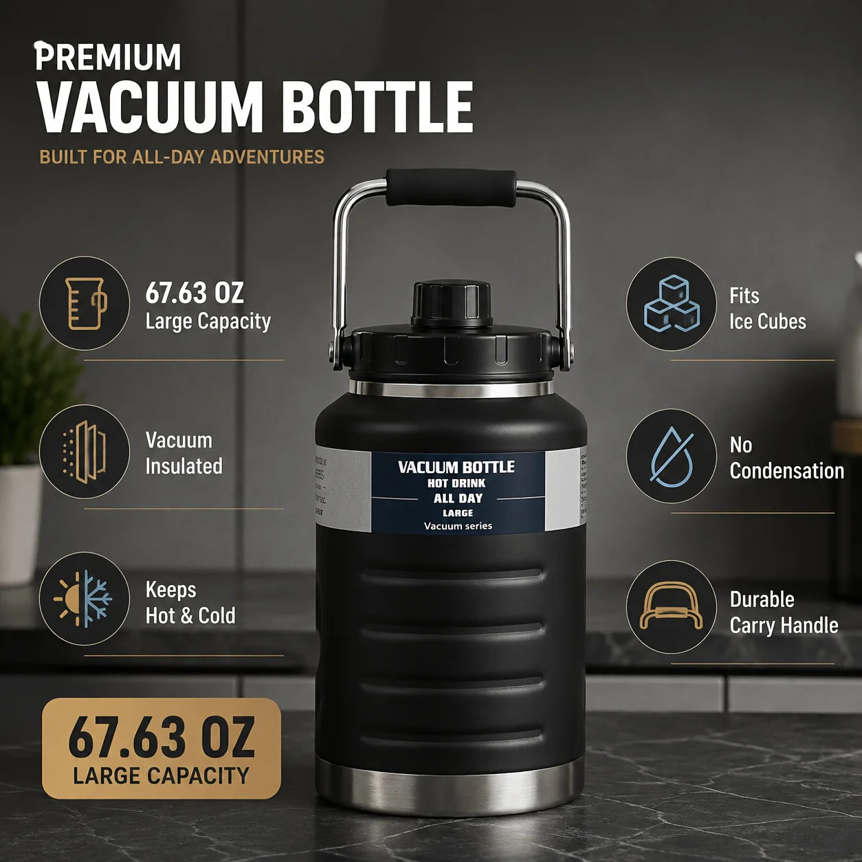 68oz Vacuum Insulated Water Bottle With Magnetic Lid - 304 Stainless Steel Half Gallon Water Jug - Double Wall No-Sweat Sports Flask For Camping, Hiking & Gym - Keeps Cold & Hot - Durable Leakproof Metal Canteen