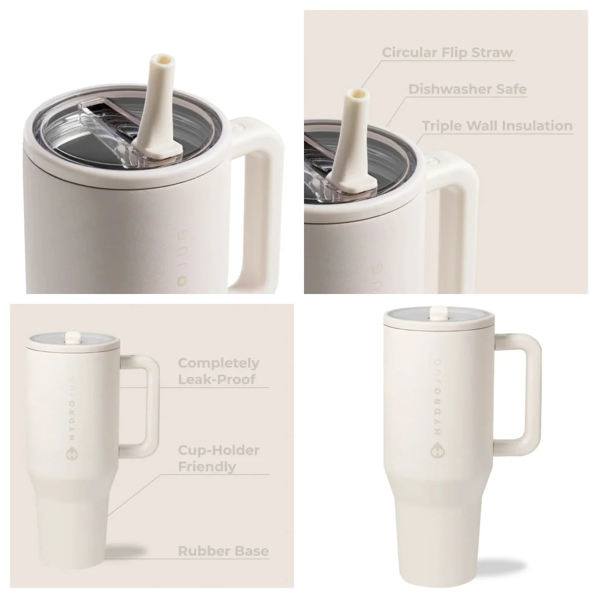 HYD Traveler - 40 oz Water Bottle with Handle & Flip Straw - Fits in Cup Holder, Leak Resistant Tumbler-Reusable Insulated Stainless Steel & Rubber Base - Gifts for Women & Men