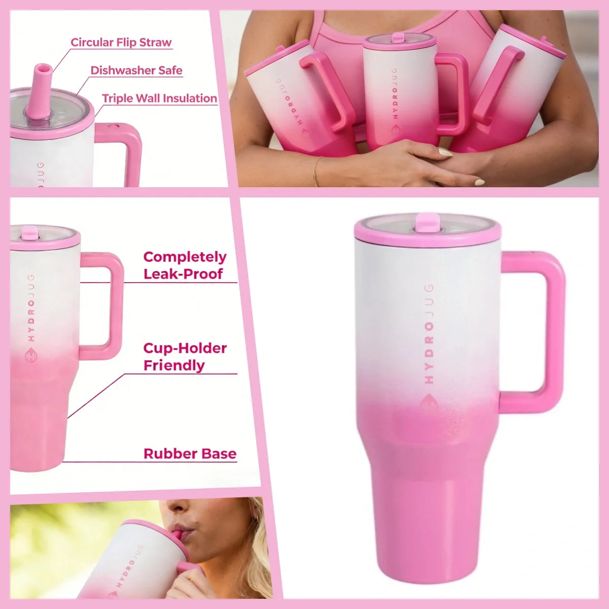 HYD Traveler - 40 oz Water Bottle with Handle & Flip Straw - Fits in Cup Holder, Leak Resistant Tumbler-Reusable Insulated Stainless Steel & Rubber Base - Gifts for Women & Men