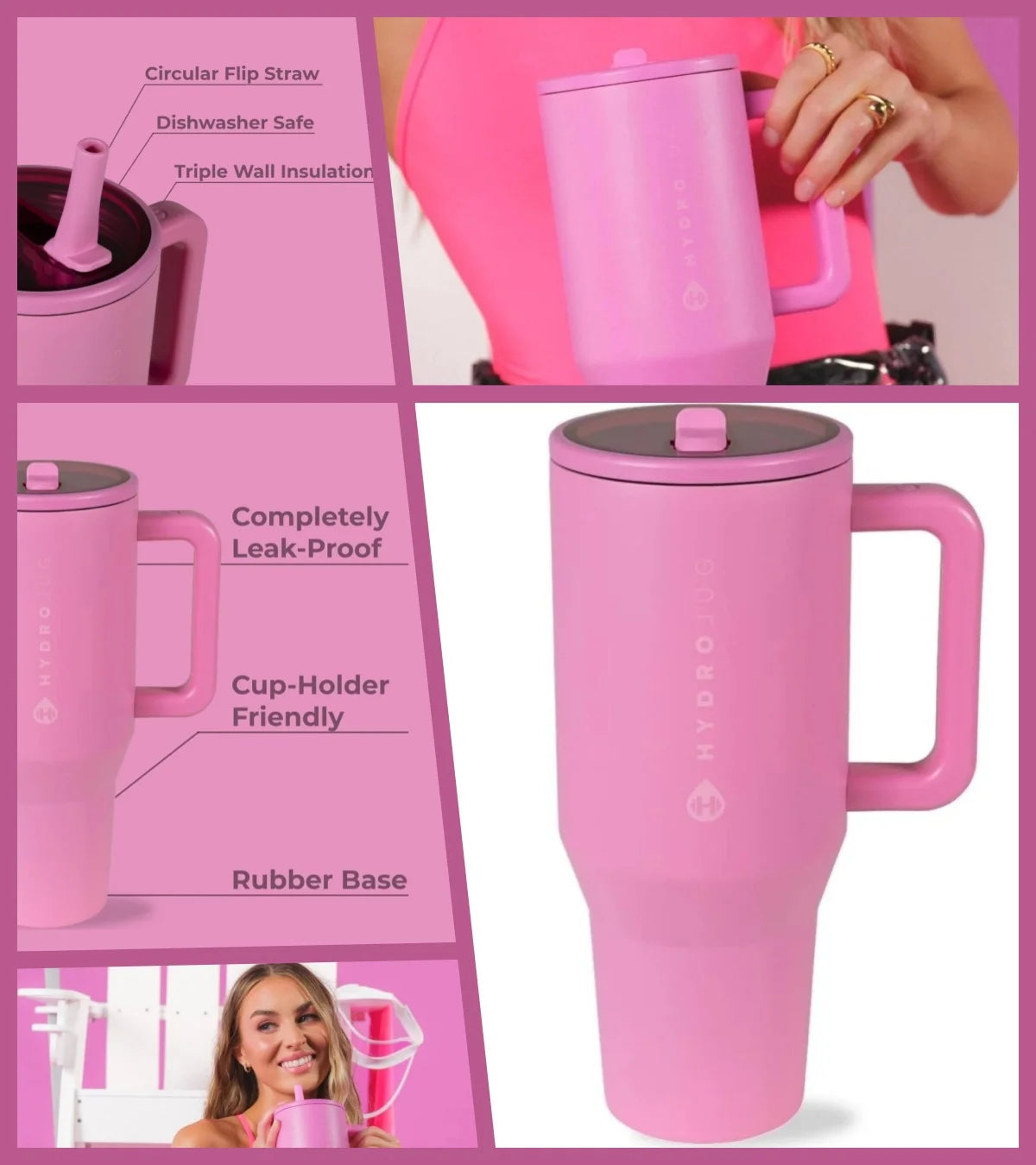 HYD Traveler - 40 oz Water Bottle with Handle & Flip Straw - Fits in Cup Holder, Leak Resistant Tumbler-Reusable Insulated Stainless Steel & Rubber Base - Gifts for Women & Men